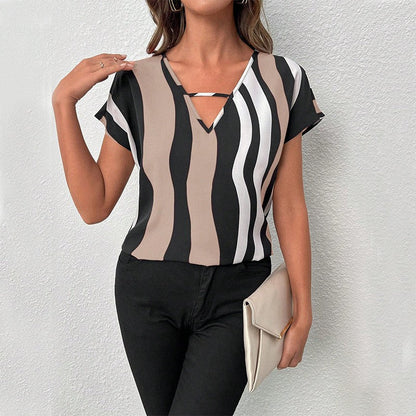 Aurelia Striped V-Neck Short Sleeve Pullover Blouse