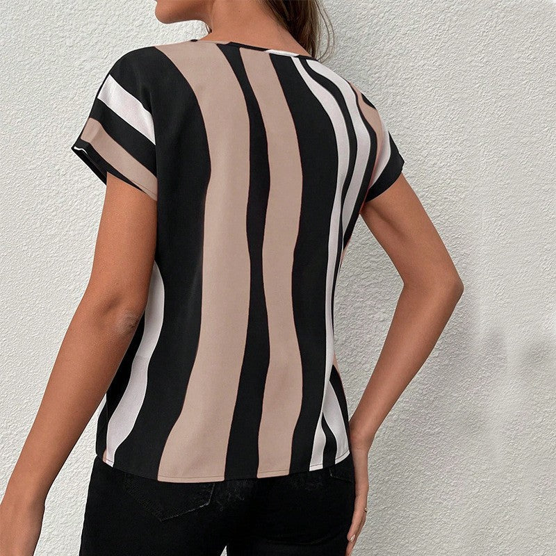 Aurelia Striped V-Neck Short Sleeve Pullover Blouse