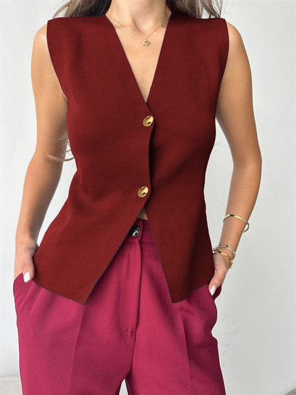 Elowen Slim Fit Retro Knit Cardigan Vest with Metal Buckles