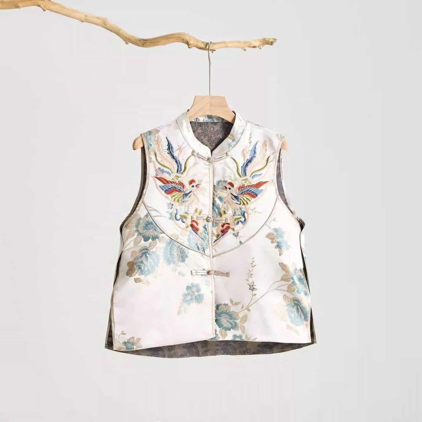 Liora Blue Jacquard Floral Buttoned Chinese-Style Vest