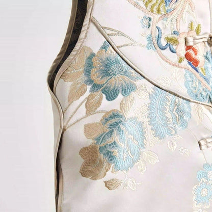 Liora Blue Jacquard Floral Buttoned Chinese-Style Vest