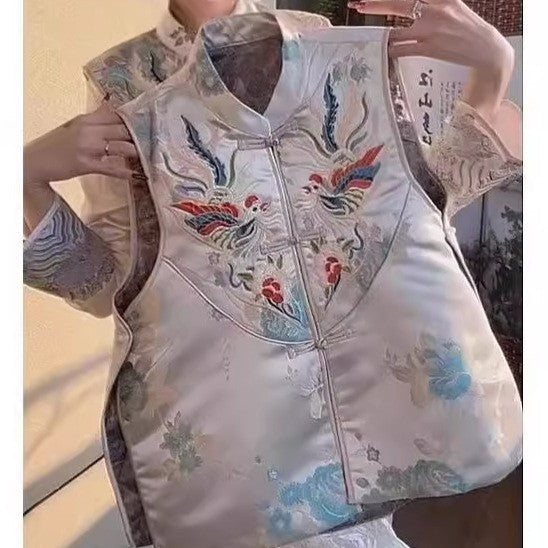 Liora Blue Jacquard Floral Buttoned Chinese-Style Vest