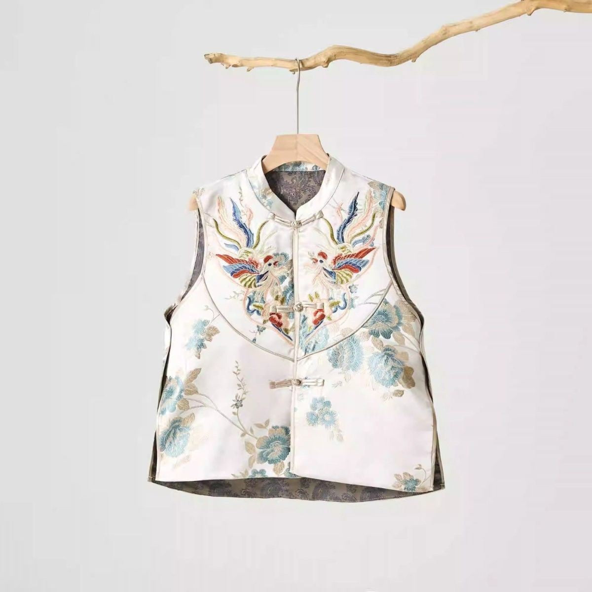 Liora Blue Jacquard Floral Buttoned Chinese-Style Vest