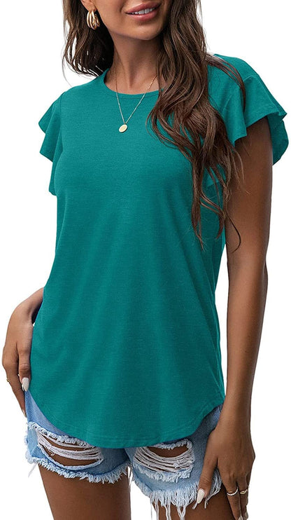 Liora Ruffle Sleeve Round Neck Cotton Blend Tee