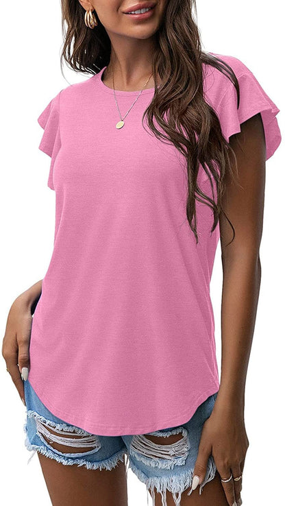 Liora Ruffle Sleeve Round Neck Cotton Blend Tee