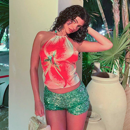 Novalie Printed Halter Backless Cropped Tank Top