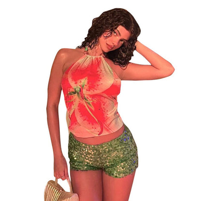 Novalie Printed Halter Backless Cropped Tank Top