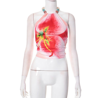 Novalie Printed Halter Backless Cropped Tank Top