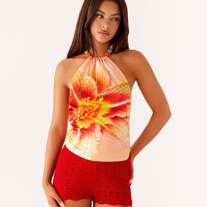 Novalie Printed Halter Backless Cropped Tank Top