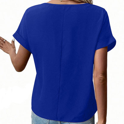 Seraphine V-Neck Short Sleeve Blouse with Zipper Detail