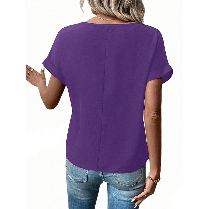 Seraphine V-Neck Short Sleeve Blouse with Zipper Detail