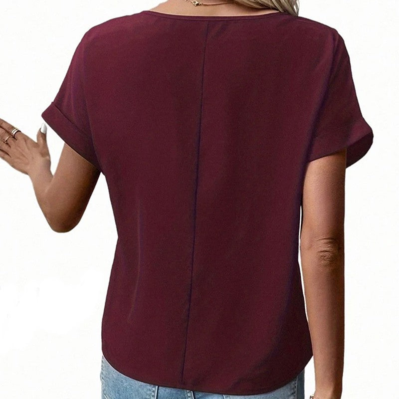 Seraphine V-Neck Short Sleeve Blouse with Zipper Detail