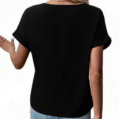 Seraphine V-Neck Short Sleeve Blouse with Zipper Detail