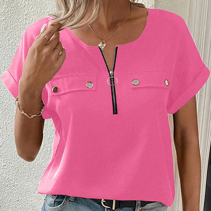 Seraphine V-Neck Short Sleeve Blouse with Zipper Detail